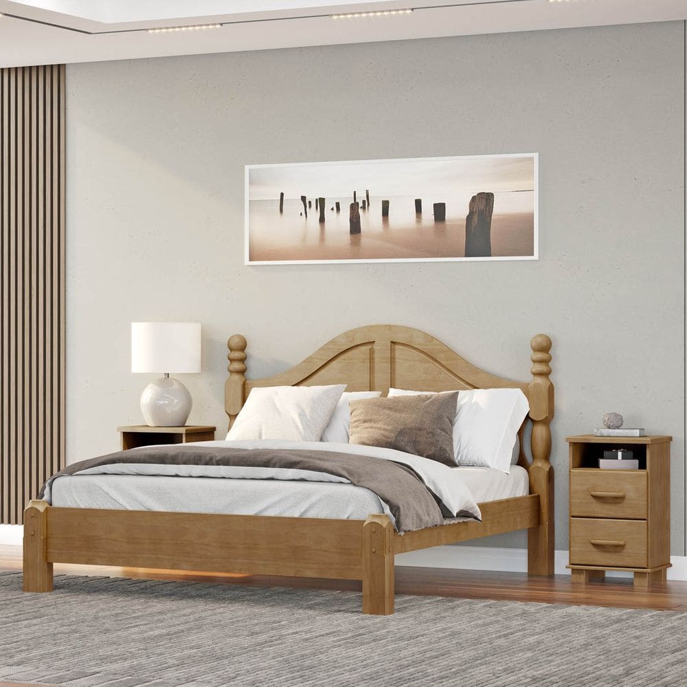 Conjunto Quarto: Cama Casal Clássica, 2 Mesas de Cabeceiras 2 Gavetas Ouro Freijó Madeira Pinus - Finestra