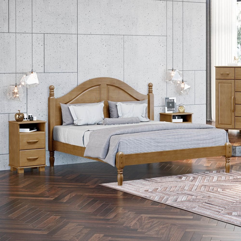 Conjunto Quarto: Cama Casal Queen, 2 Mesas de Cabeceiras 2 Gavetas Ouro Freijó Madeira Pinus - Finestra