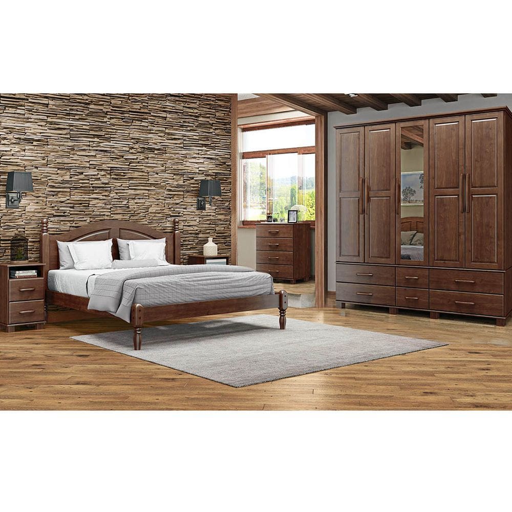 Conjunto Quarto: Guarda-Roupa 5 Portas Cama Queen Cômoda 4 Gavetas 2 Mesas Cabeceiras Ouro Café Madeira Pinus - Finestra