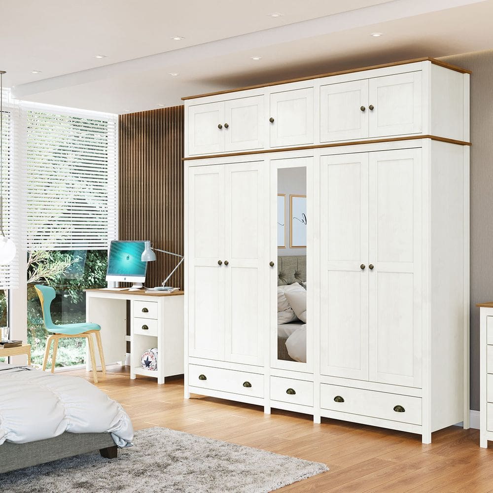 Conjunto Quarto: Guarda-Roupa 10 Portas, Escrivaninha 3 Gavetas Topázio Branco/Freijó Madeira Pinus - Finestra