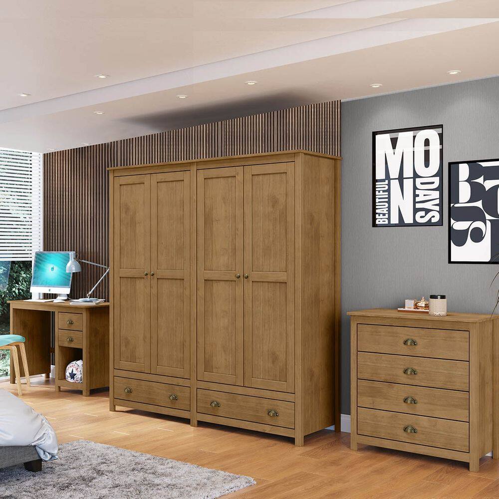Conjunto Quarto: Guarda-Roupa 10 Portas Cômoda 4 Gavetas Escrivaninha Topázio Branco/Freijó Madeira Pinus - Finestra