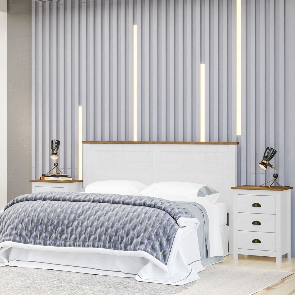 Conjunto Quarto: Cabeceira Cama, 2 Mesas de Cabeceiras Topázio Branco/Freijó Madeira Pinus - Finestra