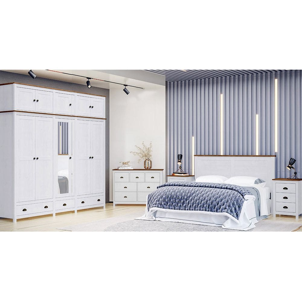 Conjunto Quarto: Guarda-Roupa 10 Portas Cabeceira Cômoda 7 Gavetas 2 Mesas Cabeceiras Topázio Branco/Freijó Madeira Pinus - Finestra