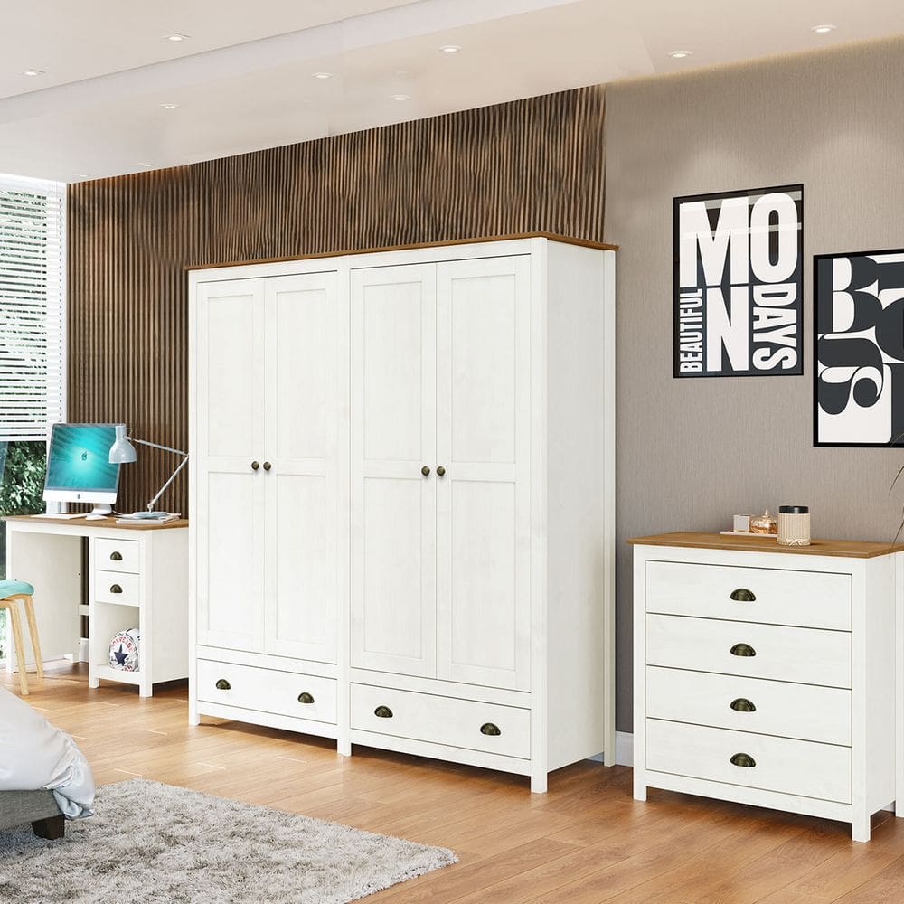 Conjunto Quarto: Guarda-Roupa 10 Portas, Escrivaninha, Cômoda 4 Gavetas Topázio Branco/Freijó Madeira Pinus - Finestra