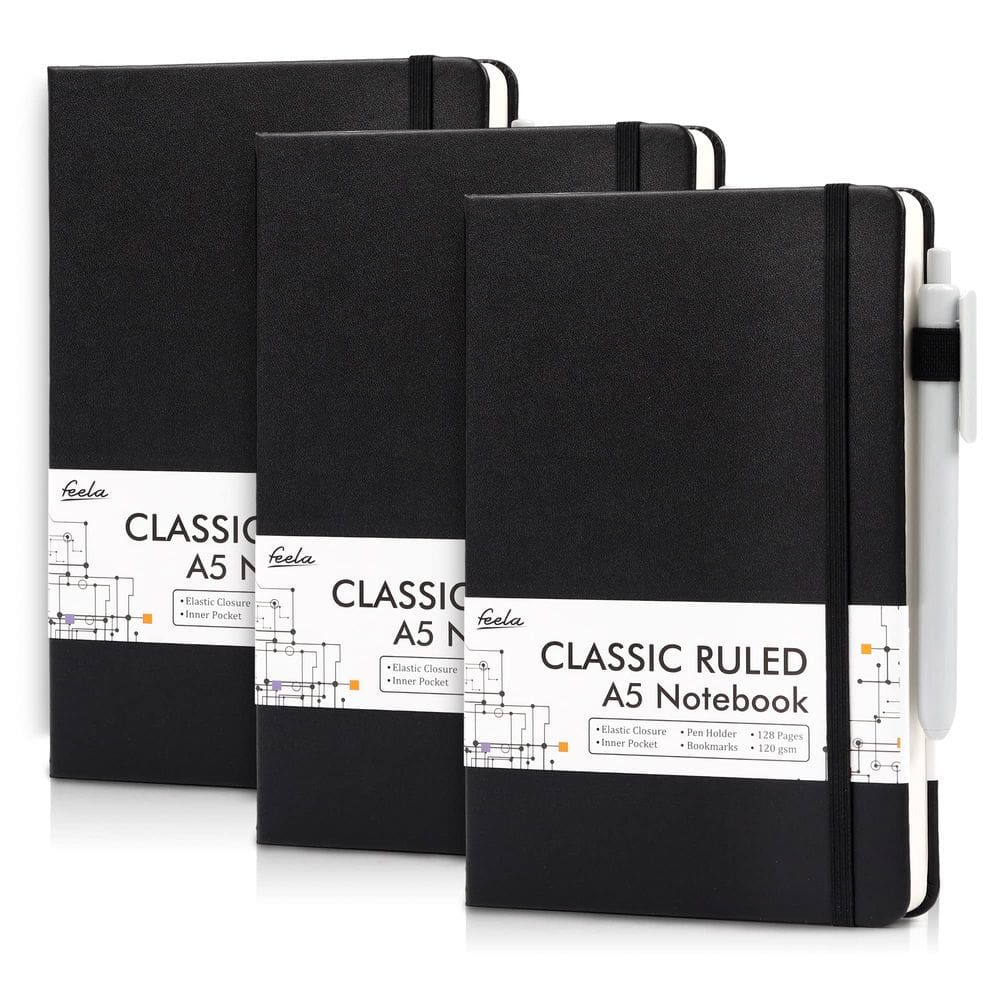 Notebook Feela A5, capa dura, conjunto de diários com forro pautado e suporte para canetas
