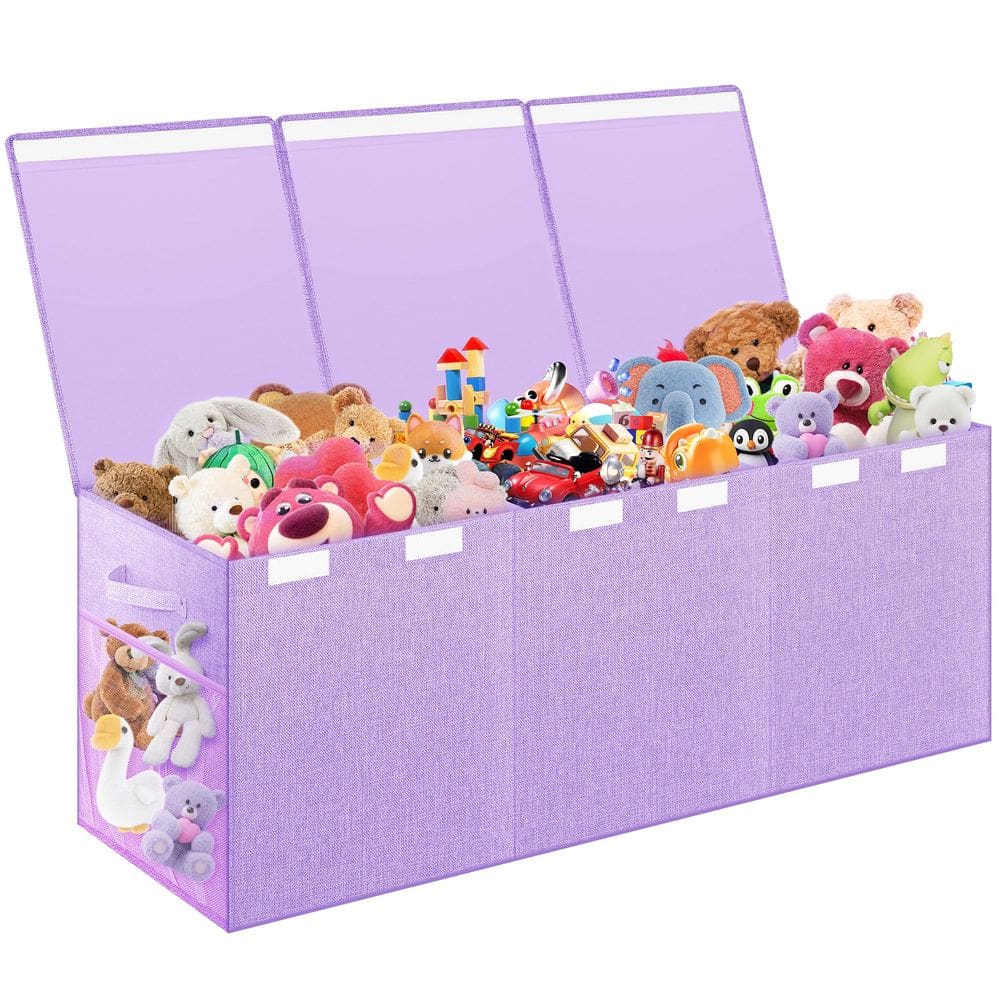 Caixa de brinquedos Mabahoo extra grande para crianças com bolsos de malha roxa