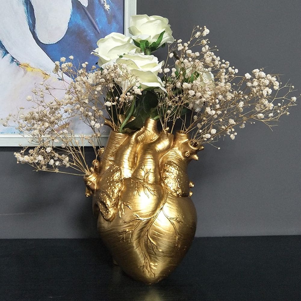 Vaso de flores Aprjv em resina decorativa dourada em forma de coração 11x15cm