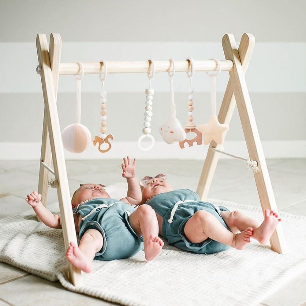 Baby Gym Funny Supply de madeira com 6 brinquedos de ginástica dobráveis naturais