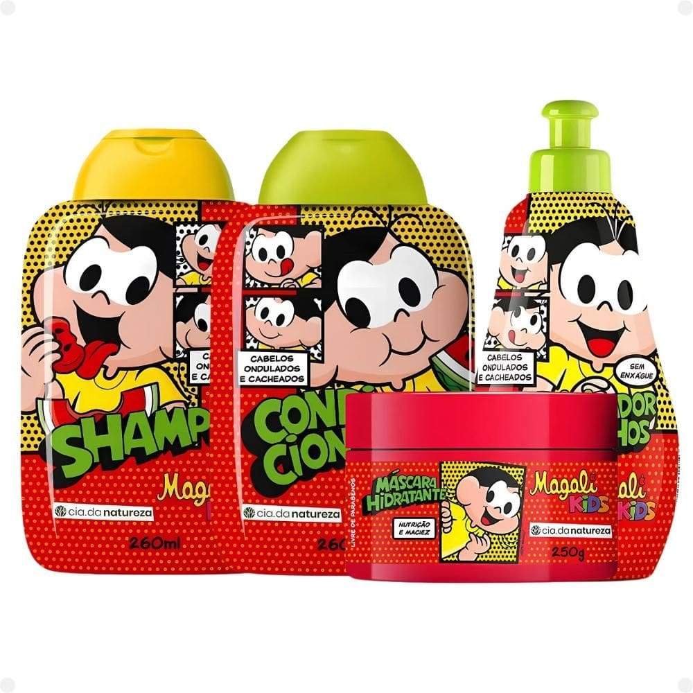Kit Cia da Natureza Magali Kids Cabelos Ondulados e Cacheados: Shampoo, Condicionador, Máscara e Umidificador de Cachos