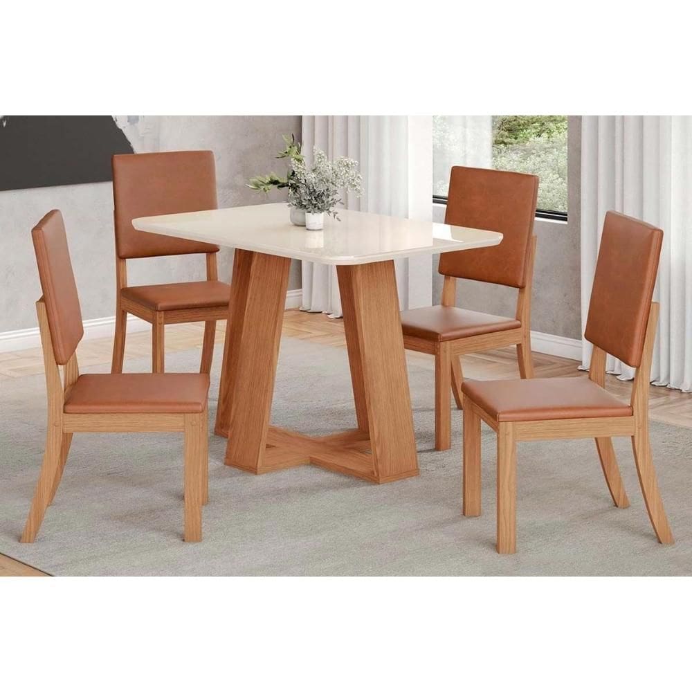 Conjunto: Mesa Sala Jantar Lins c/ Tampo Madeirado c/ Vidro Curvo 120x80cm e 4 Cadeiras Milla Plus Nature/Courano/Caramelo - Henn