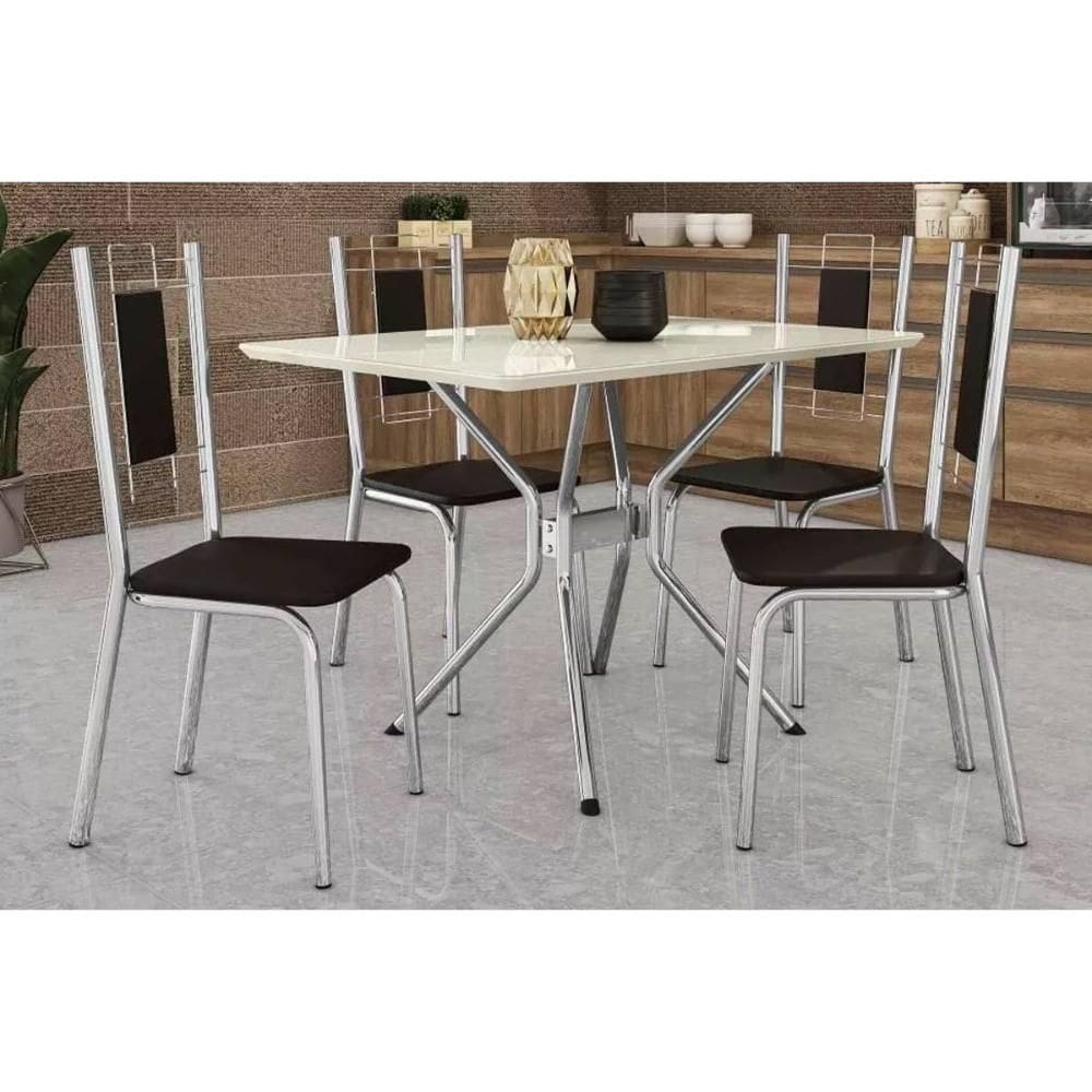 Conjunto: Mesa Sala Jantar Loire Tampo Madeirado c/ Vidro 80x120cm e 4 Cadeiras Florença Cromado/Off White/Vidro Off White - Preto - Kappesberg