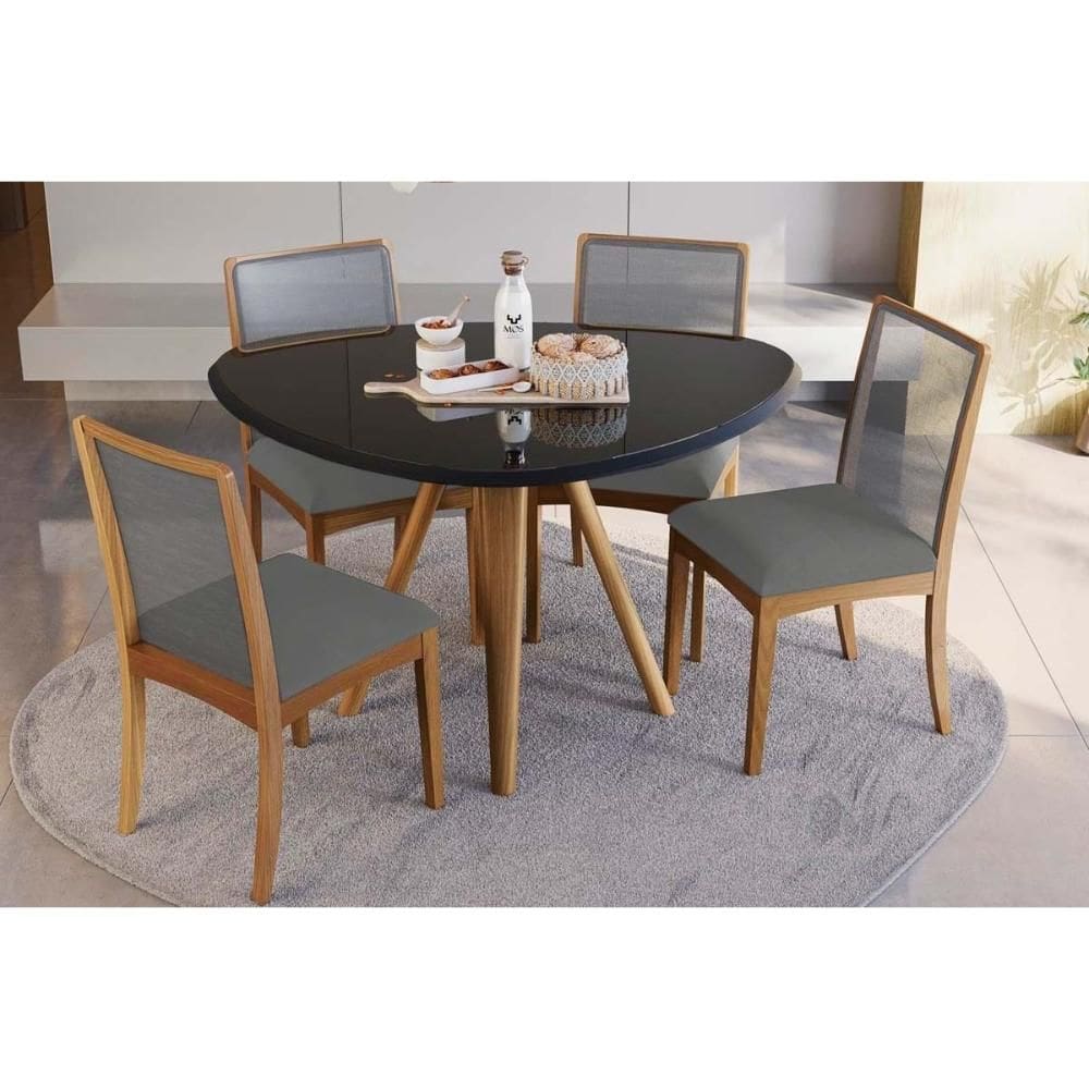 Conjunto: Mesa de Cozinha Duna Tampo Madeirado c/ Vidro 135x105cm e 4 Cadeiras Lara Carvalho/Preto fosco/Vidro preto - Linho Cinza - Kappesberg
