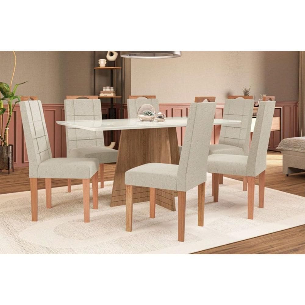 Conjunto: Mesa Sala Jantar Lótus Tampo Madeirado c/ Vidro 90x180cm e 6 Cadeiras 2CAD150 Nogueira/Off White/Vidro Off White - Eucalipto - Kappesberg