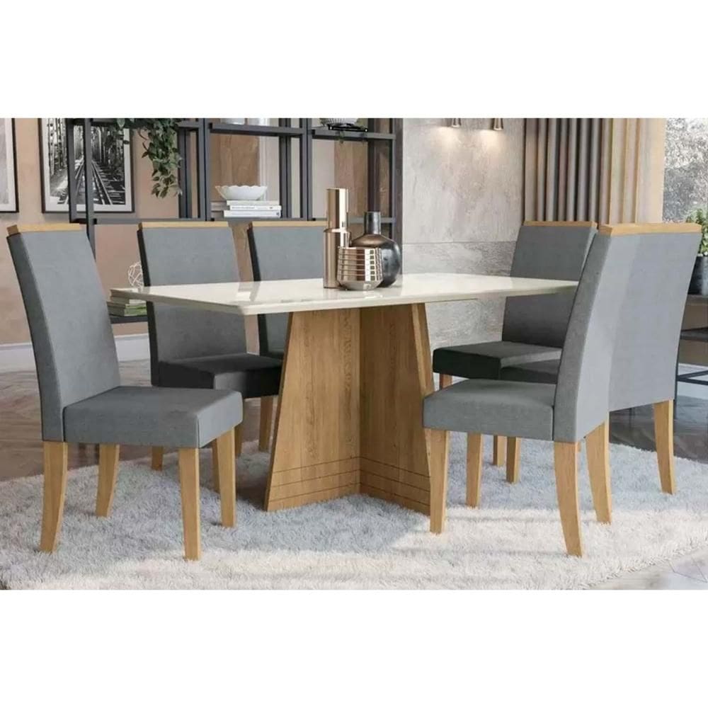 Conjunto: Mesa Sala Jantar Lótus Tampo Madeirado c/ Vidro 90x160cm e 6 Cadeiras 2CAD142 Nogueira/Off White/Vidro Off White - Suede Ci - Kappesberg