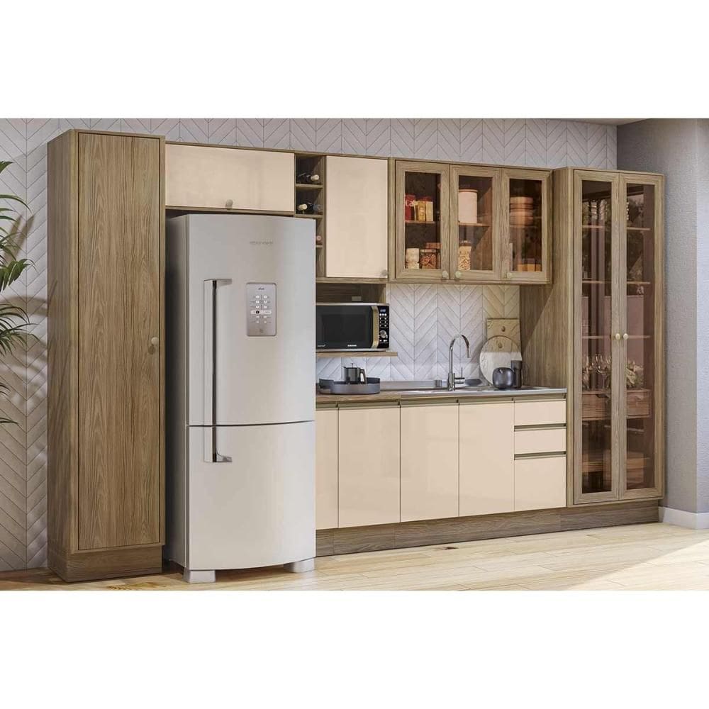 Cozinha Modulada Completa Curve 12 Peças (3Aéreos+3Balcões+2Paneleiro+4Complementos) C12P30 Nogueira/Macadamia - Kappesberg