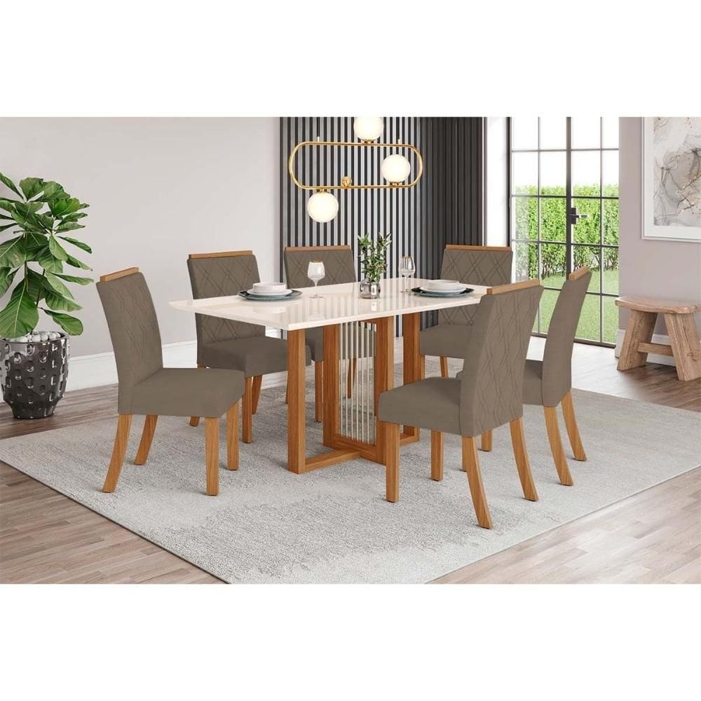 Conjunto: Mesa Sala Jantar Natalí c/ Tampo Madeirado c/ Vidro Reto 160x90cm e 6 Cadeiras Vita Nature/Suede Light Bege - Henn