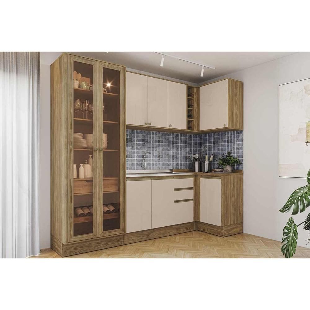 Cozinha Modulada Completa Curve 6 Peças (2Aéreos+2Balcões+1Cristaleira+1Complemento) C10P10 Nogueira/Macadamia - Kappesberg