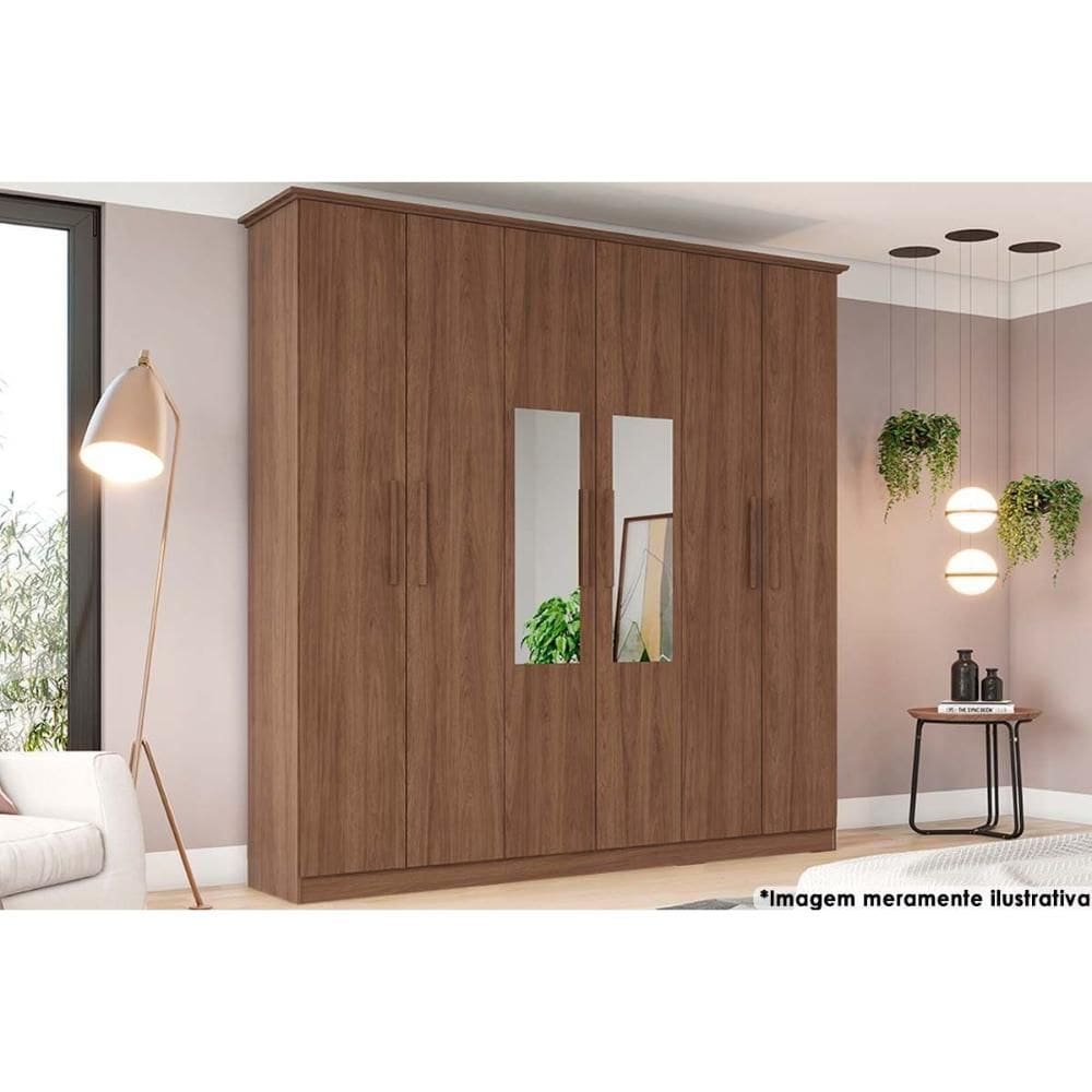 Guarda Roupa 6 Portas (2 c/ Espelho) e 3 Gavetas Cover Castanho - Henn
