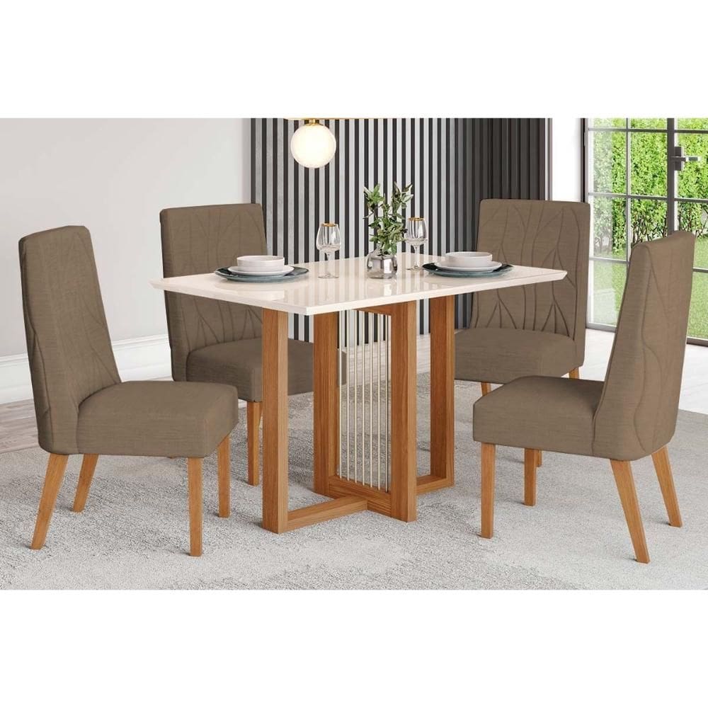 Conjunto: Mesa Sala Jantar Natalí c/ Tampo Madeirado c/ Vidro Reto 120x80cm e 4 Cadeiras Eloa Nature/Suede Light Marrom Amêndoa - Henn