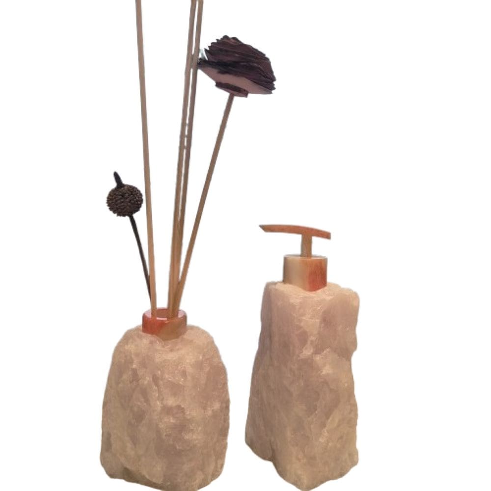 Kit Lavabo Difusor e Saboneteira Pedra Natural Quartzo Rosa