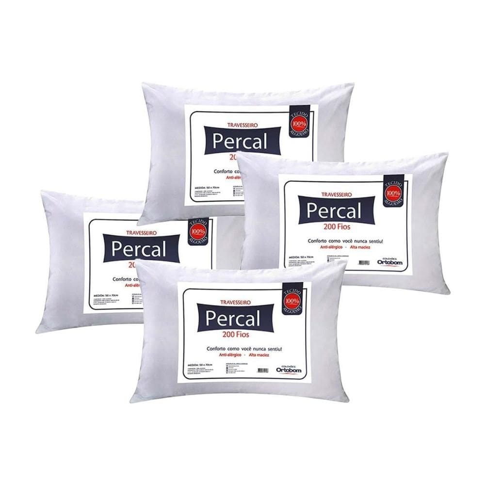 Travesseiro Fibras Siliconadas Plus Percal 200 Fios Kit c/ 4 Un 70x50x15 - Ortobom