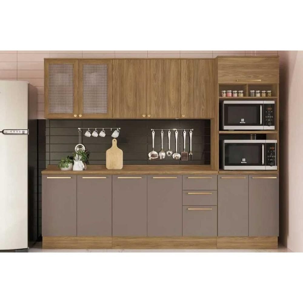 Cozinha Modulada Completa Botanic 7 Peças (2Aéreos+2Balcões+1Paneleiro+2Complementos) C7P36 Nogueira/Fendi - Kappesberg