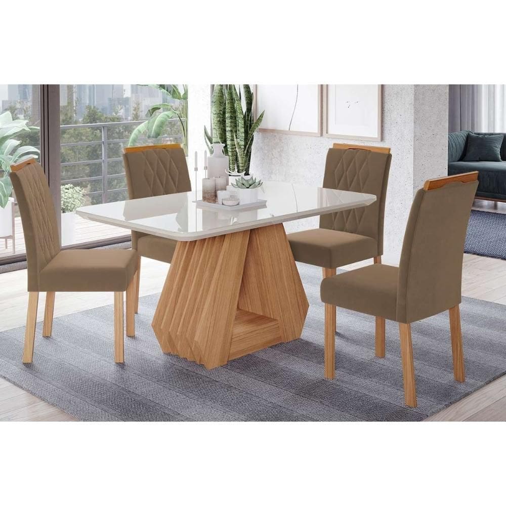 Conjunto: Mesa de Cozinha Ágata Tampo Madeirado c/ Vidro 130x80cm e 4 Cadeiras Juliana Madeirado/Suede Joli Capuccino - Cimol