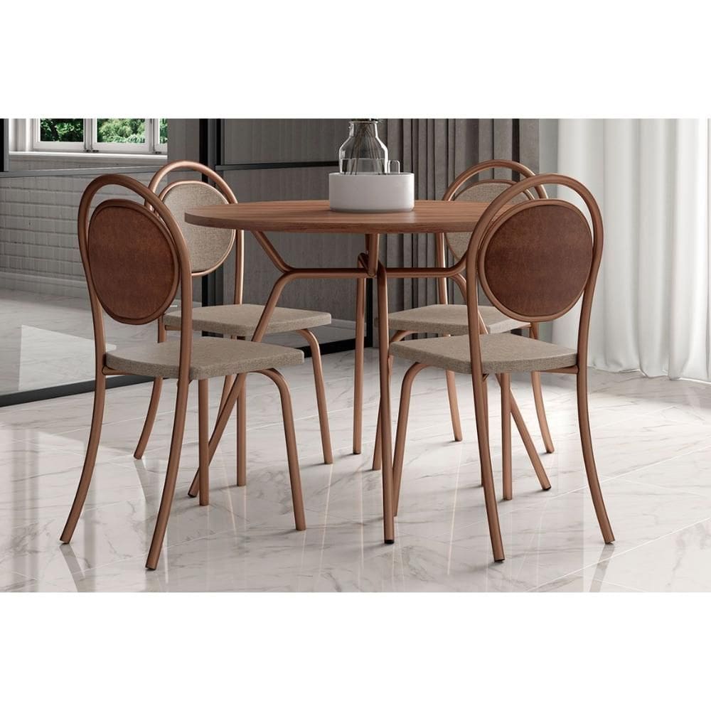 Sala de Jantar Completa 1588 c/ Tampo Madeirado 100cm e 4 Cadeiras 1738 Freijo/Rose - Cobre/Linho Areia/Courino Carame - Carraro