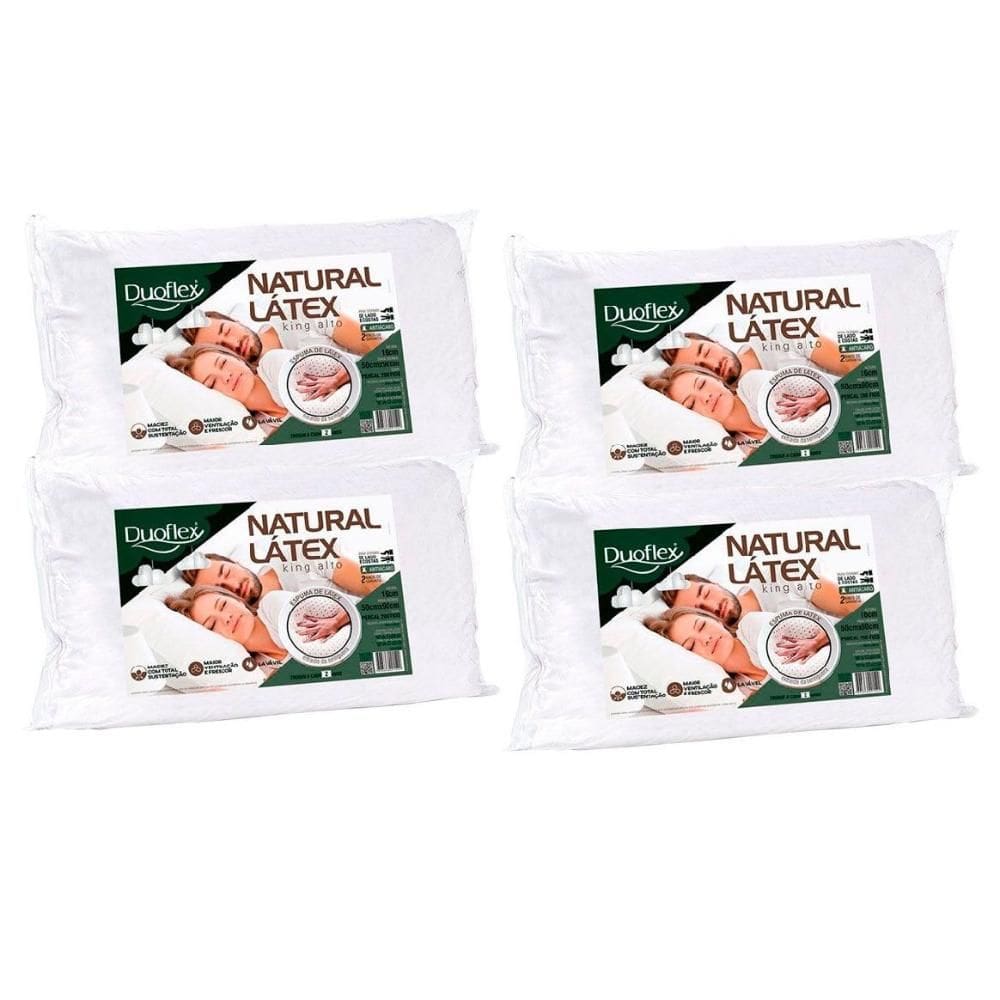 Travesseiro Látex Natural King Alto LN1000 Lavável c/ Capa Percal 200 Fios Kit c/ 4 Un 90x50 - Duoflex