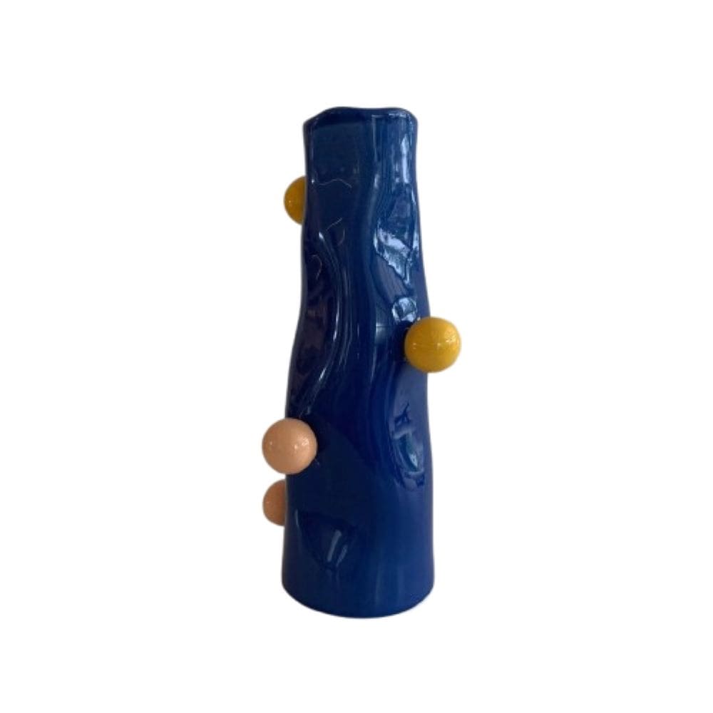 Vaso Decorativo Em Ceramica Azul Com Bolinhas 23Cm