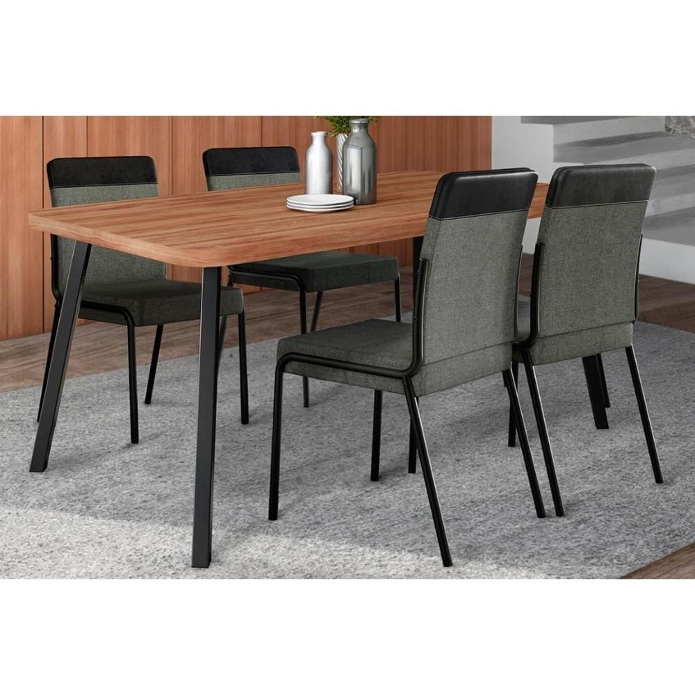 Conjunto: Mesa Sala Jantar Stellar 1597 Aço c/ Tampo Madeirado 160x90cm e 4 Cadeiras Duo Preto/Nogal - Preto/Grafite - Preto - Carraro