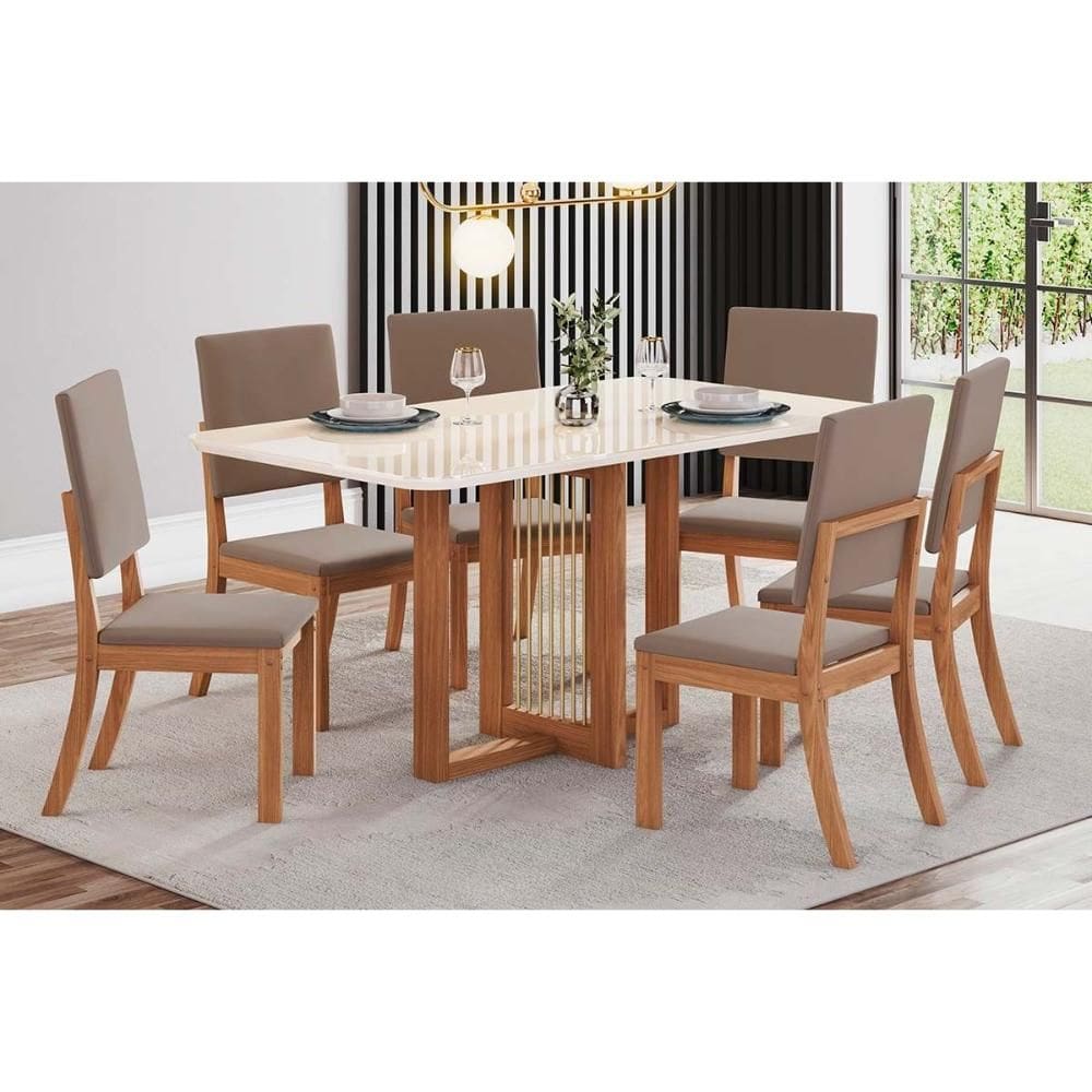 Conjunto: Mesa Sala Jantar Natalí c/ Tampo Madeirado c/ Vidro Curvo 160x90cm e 6 Cadeiras Milla Nature/Suede Light Marrom Amêndoa - Henn