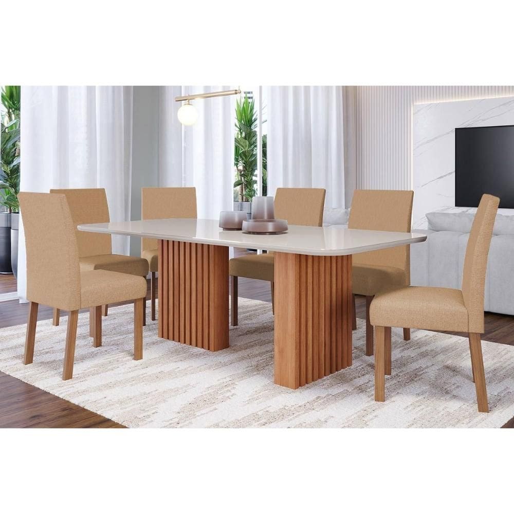 Conjunto: Mesa Sala Jantar Ester c/ Tampo Madeirado c/ Vidro 180x90cm e 6 Cadeiras Maia Cinamomo/Suede Gengibre Bege - Cimol