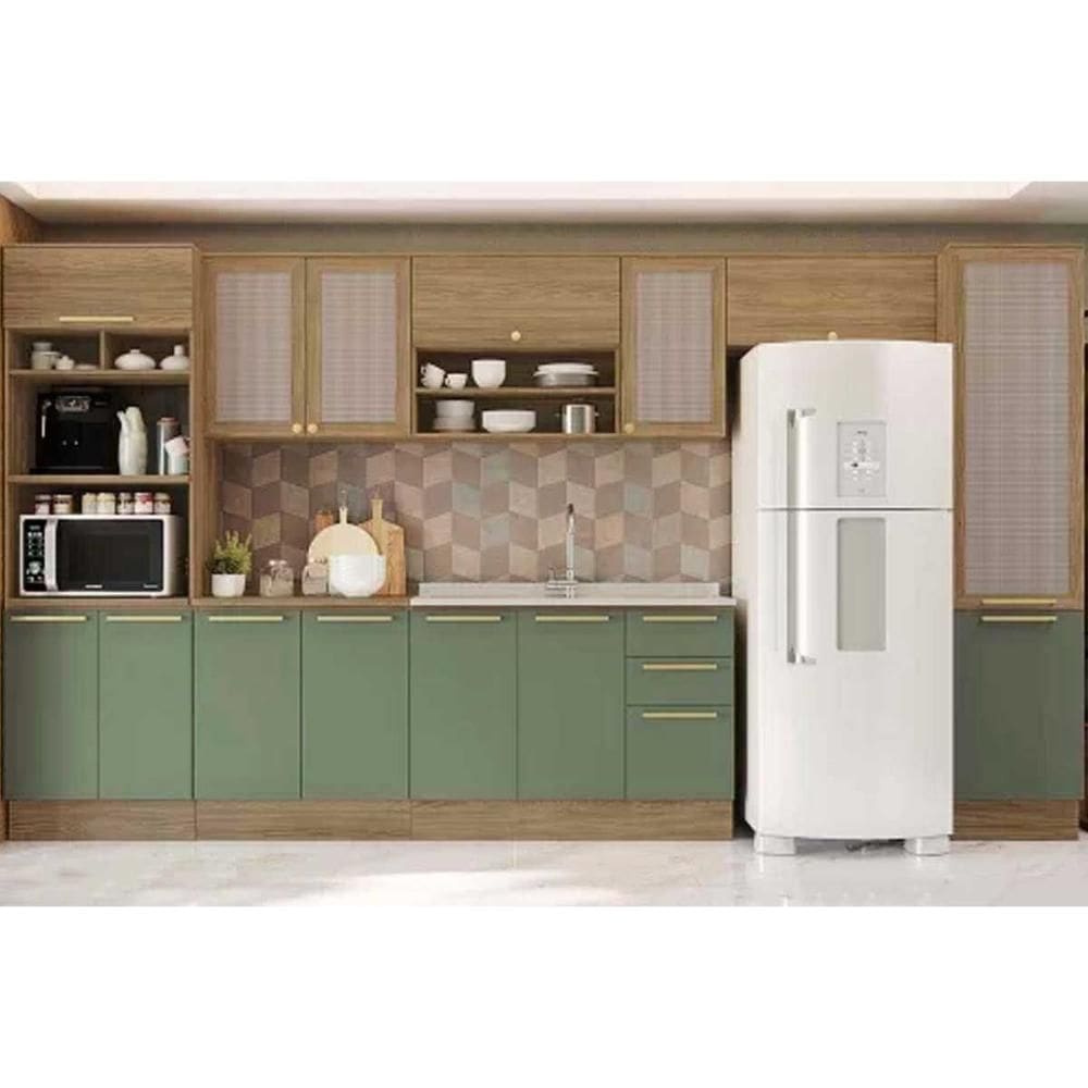 Cozinha Modulada Completa Botanic 8 Peças (3Aéreos+2Balcões+2Paneleiros+1Complemento) s/Pia M651 Nogueira/Verde Oliva - Kappesberg