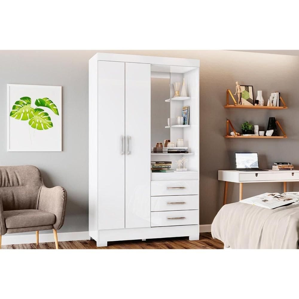 Guarda Roupa 2 Portas 3 Gavetas c/ 1 Espelho e Pés Briz B64 Branco - Henn