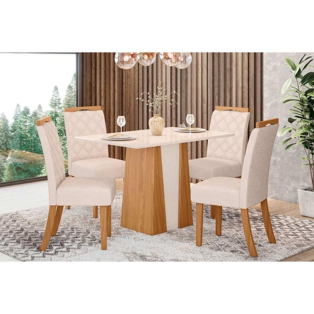 Conjunto: Mesa Sala Jantar Orus Tampo Madeirado c/ Vidro 120x80cm e 4 Cadeiras Bella Nature/Linho - Henn