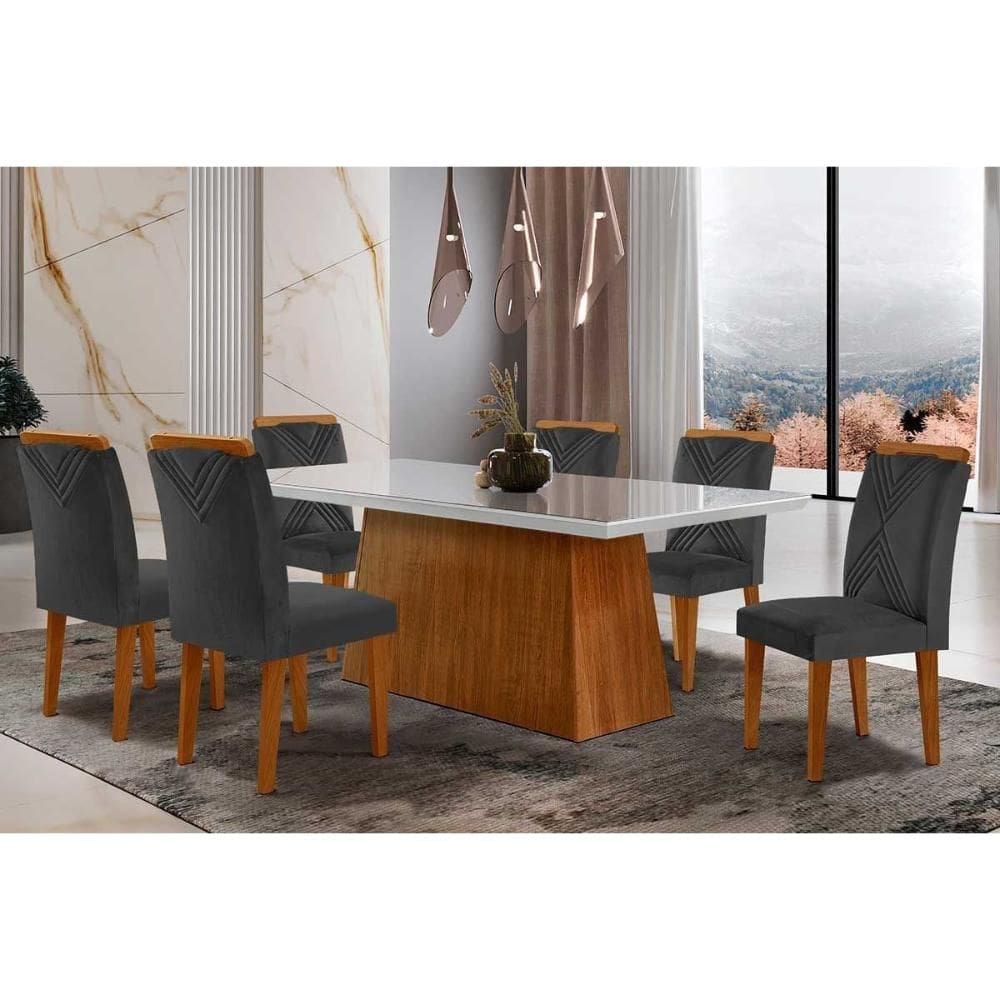 Conjunto: Mesa Sala Jantar Luna Tampo Madeirado c/ Vidro Reto 180x90 e 6 Cadeiras Amsterdã Capuccino/Suede Grafite - Rufato