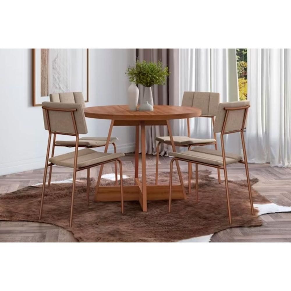 Conjunto: Mesa Sala Jantar Átria 1594 Aço c/ Tampo Madeirado 100cm e 4 Cadeiras Lou Rose/Freijó/Nogal - Rose/Areia - Carraro
