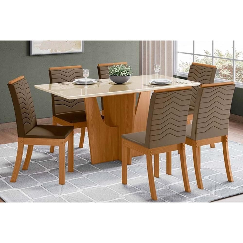 Conjunto: Mesa Sala Jantar Vértice c/ Tampo Reto Madeirado c/ Vidro 160x80cm e 6 Cadeiras Isa Nature/Suede Light Bege - Henn
