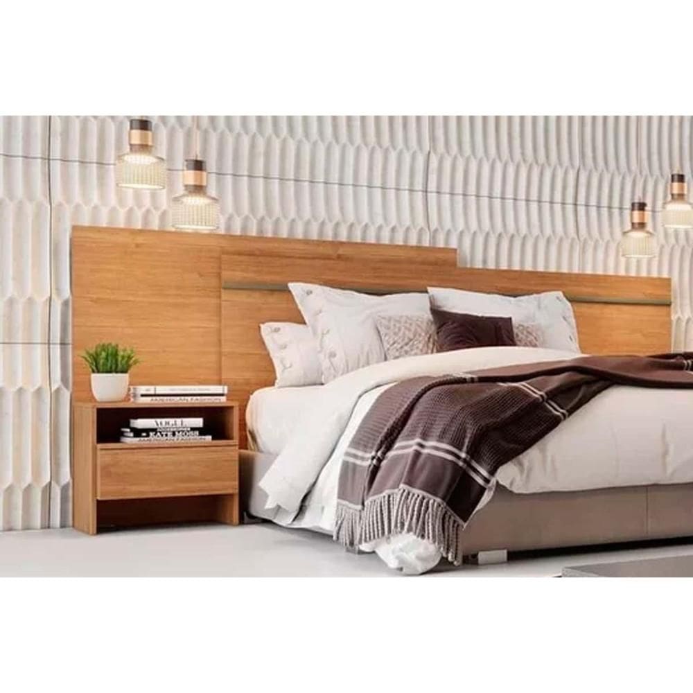 Painel Cama Box Madeirado Casal Prime c/ 2 Mesas e 2 Gavetas Cumaru - Novo Horizonte