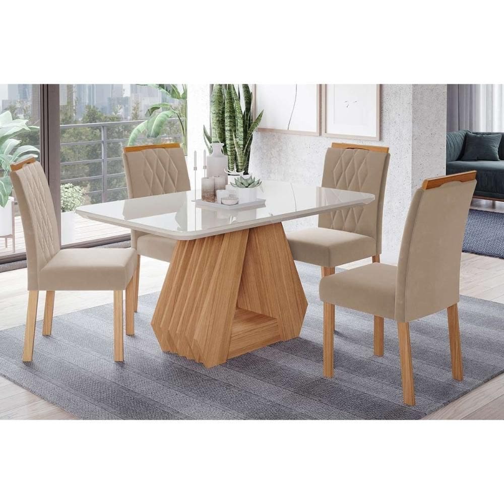 Conjunto: Mesa de Cozinha Ágata Tampo Madeirado c/ Vidro 130x80cm e 4 Cadeiras Juliana Madeirado/ Linho Bege - Cimol
