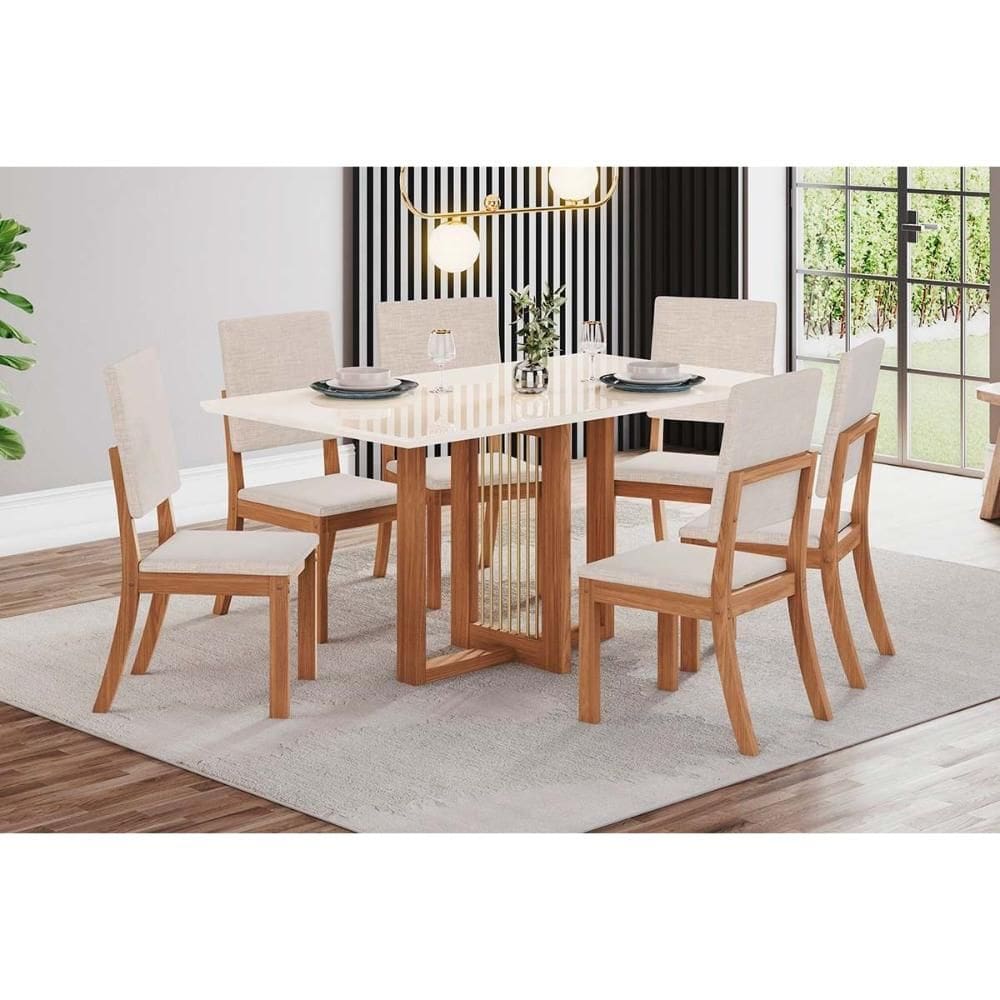Conjunto: Mesa Sala Jantar Natalí c/ Tampo Madeirado c/ Vidro Reto 160x90cm e 6 Cadeiras Milla Nature/Suede Light Linho - Henn
