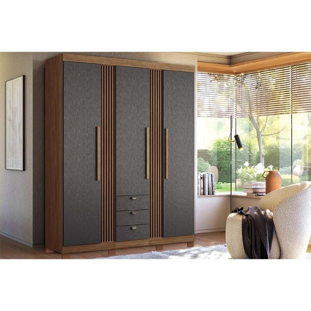 Guarda Roupa 3 Portas e 3 Gavetas c/ Pés Aurora 3.3 Jatobá/Grafite - Santos Andirá