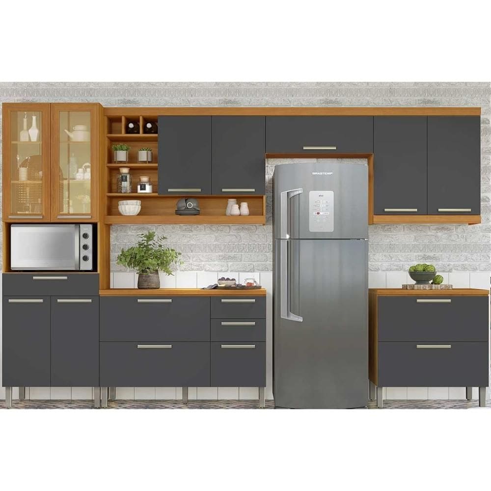Cozinha Modulada Completa Burguesa Premium 6 Peças (3Aéreos+2Balcões+1Paneleiro) C6P57 Freijo/Grafite - Nesher