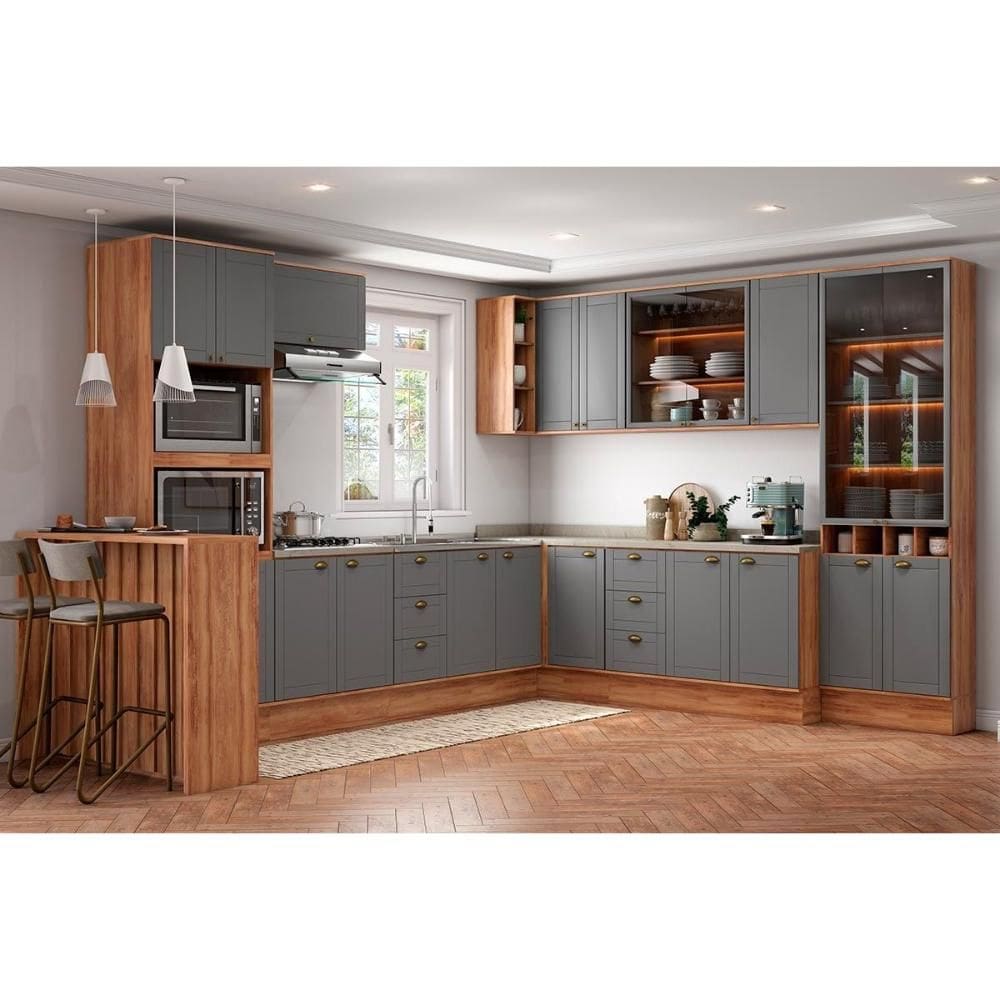 Cozinha Modulada Completa Bella 11 Peças (3Aéreos+4Balcões+1Paneleiro+1Cristaleira+1Ilha+1Complemento) C11P59 Nogal/Cinza - Carraro