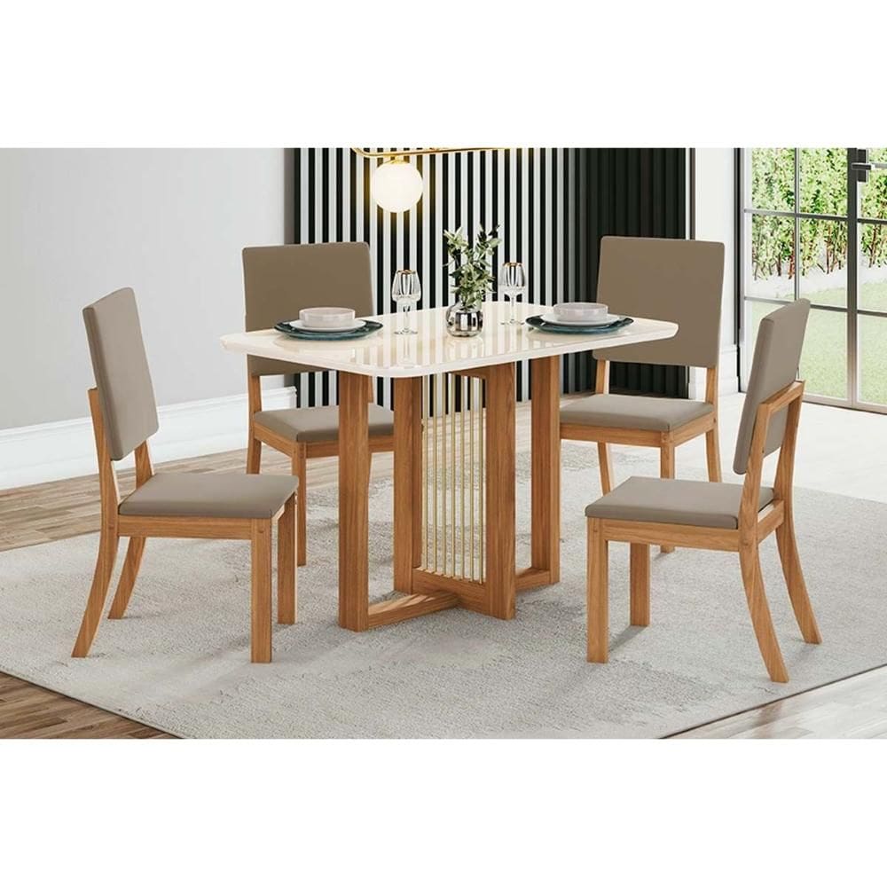 Conjunto: Mesa Sala Jantar Natalí c/ Tampo Madeirado c/ Vidro Curvo 120x80cm e 4 Cadeiras Milla Nature/Suede Light Marrom Amêndoa - Henn
