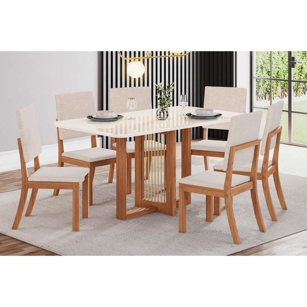 Conjunto: Mesa Sala Jantar Natalí c/ Tampo Madeirado c/ Vidro Curvo 160x90cm e 6 Cadeiras Milla Nature/Suede Light Linho - Henn