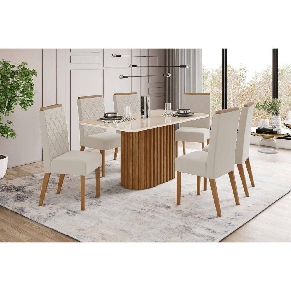 Conjunto: Mesa Sala Jantar Solana c/ Tampo Madeirado c/ Vidro Curvo 160x90cm e 6 Cadeiras Nina Nature/Suede Light Linho - Henn
