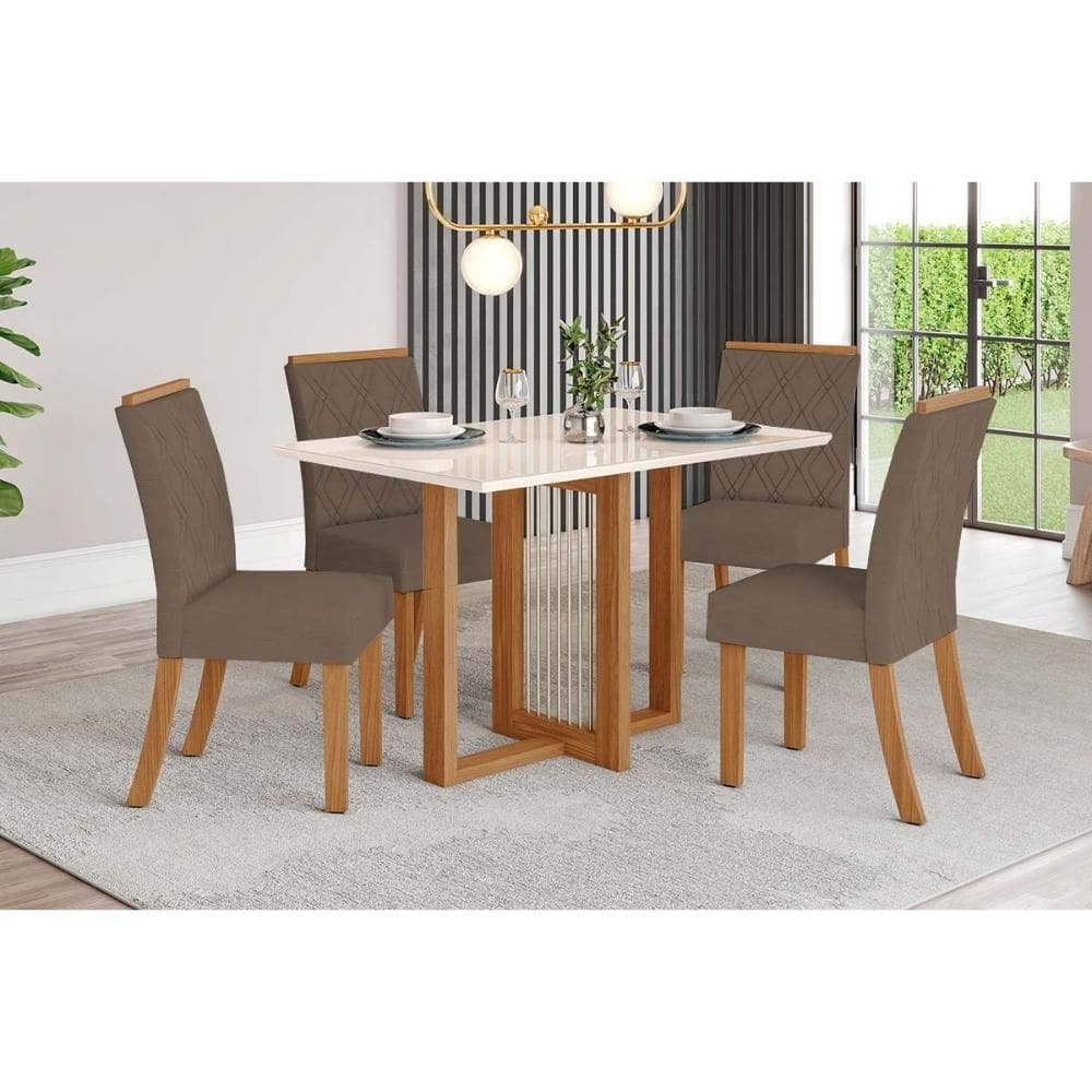 Conjunto: Mesa Sala Jantar Natalí c/ Tampo Madeirado c/ Vidro Reto 120x80cm e 4 Cadeiras Vita Nature/Suede Light Bege - Henn