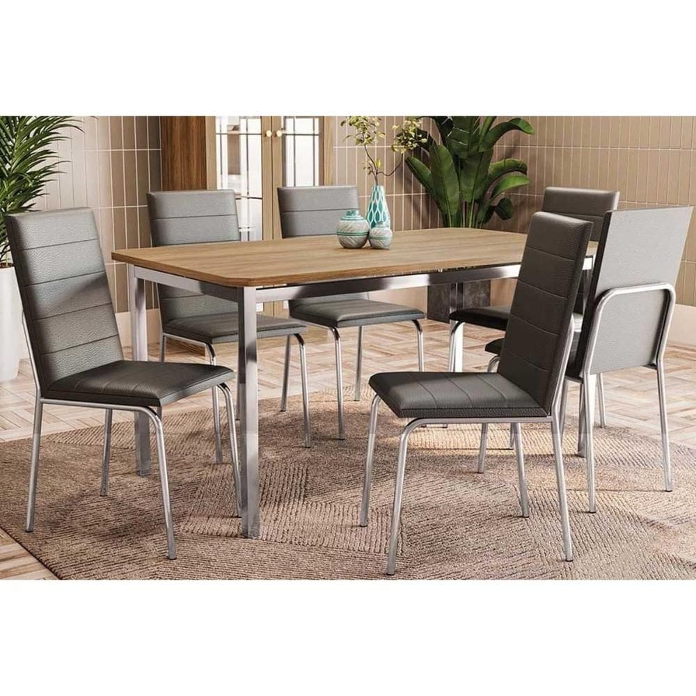 Conjunto: Mesa Sala Jantar Reno c/ Tampo de Madeira 160cm e 6 Cadeiras Amsterdã Cromada/Preto 110 - Kappesberg